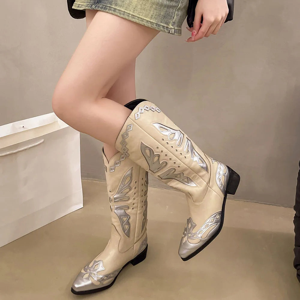 LIZAKOSHT  -  Retro Western Boots Vintage Cream Cowboy Boots Women Shoes Embroidered Pull On Chunky Heels Mid Calf Black Cowgirls Boots