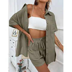 LIZAKOSH  -  Women's Solid Co-ord Set, Casual Short Sleeve Button Front Shirt & Tie Front Pocket Shorts, Comfy Summer Sets, Two Piece Set Women