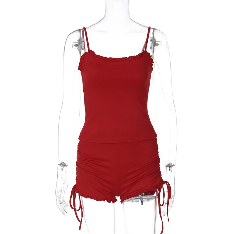 LIZAKOSHT  -  Casual Sweet Women's 2-Piece Matching Loungewear Sling Backless Camisole+Drawstring Shorts Skinny Solid Sexy Chic Home Sets