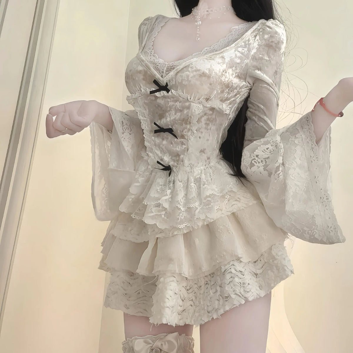 LIZAKOSHT  -  French Fluffy Skirt Two-Piece Suit Pure Lust Style Long-Sleeved Top Sweet And Spicy Slimming Lace Splicing Chic Versatile
