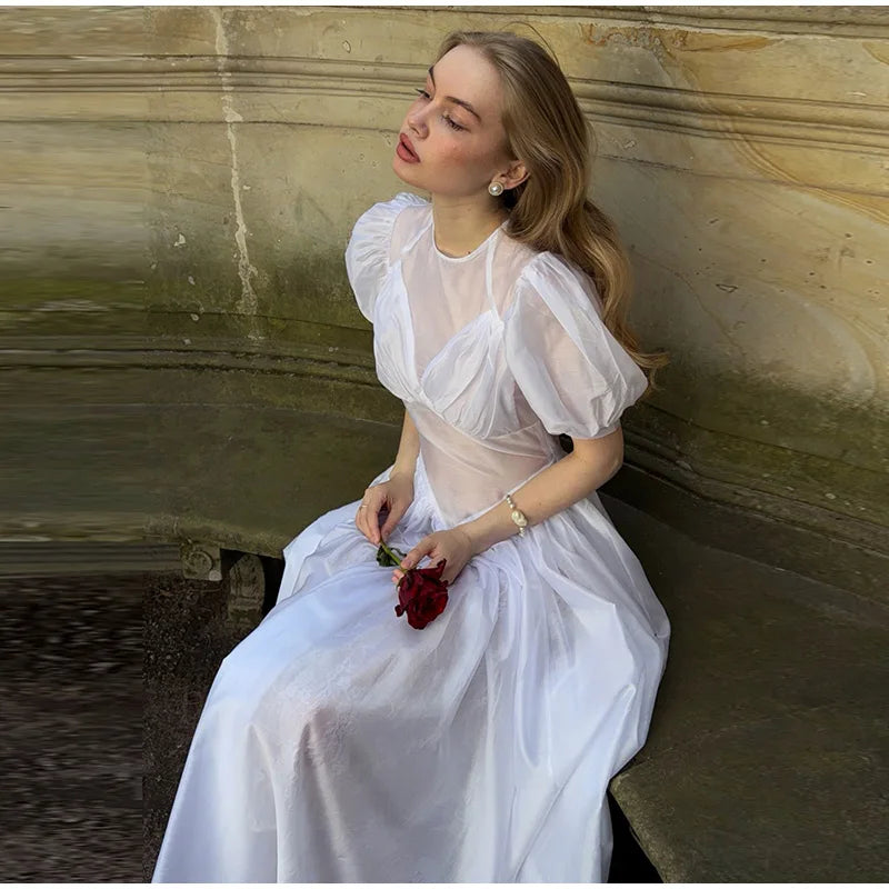 LIZAKOSHT  -  Puff Sleeve Decorative Button Sheer Mesh Maxi Dress A-Line  Ruched Bust Spring Summer Chic Garden Lady Women Romantic Grown