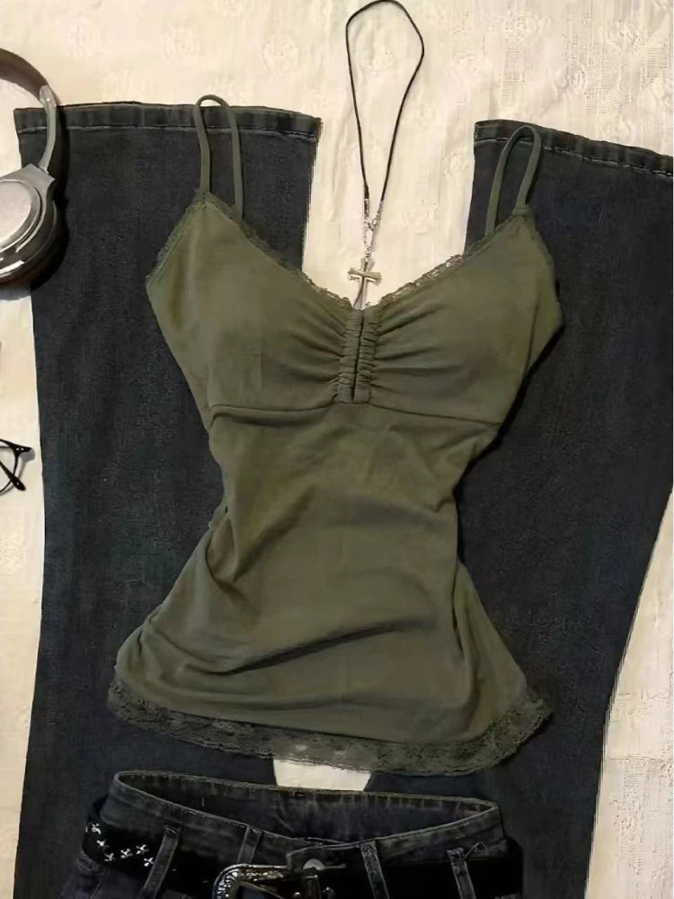 LIZAKOSHT  -  Vintage Hot Girl Women's Lace Skinny Camisole Sexy Y2k Thin Aesthetic Hepburn Patchwork Tees Summer Fashion Slim Green Slip New