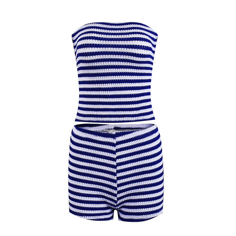 LIZAKOSHT  -  Women's Contrasting Color Casual Stripe Matching Set Strapless Cropped Vest+Shorts Fashion Sexy Slim Fit Holiday Streetwear