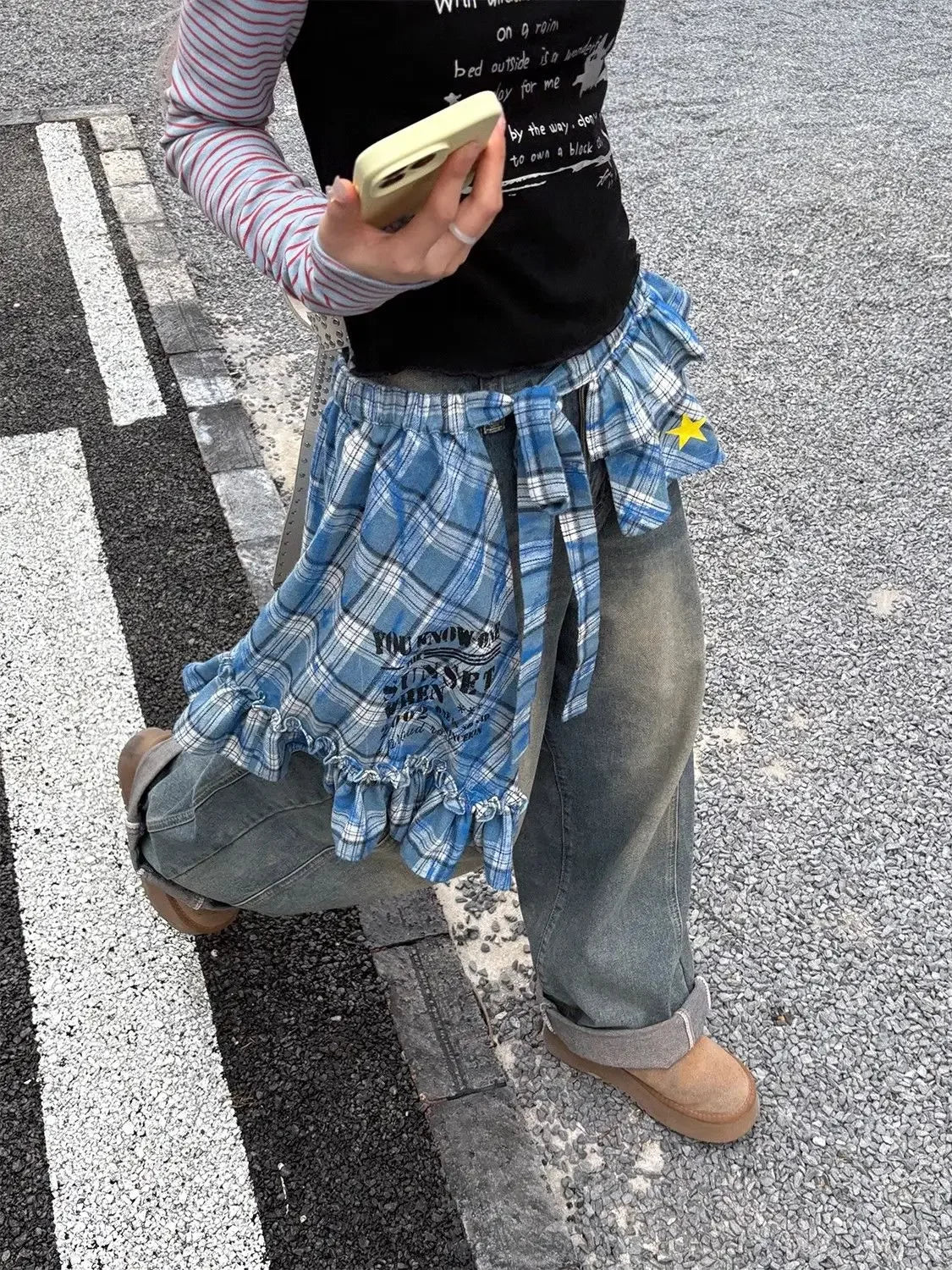 LIZAKOSHT  -  Y2k Aesthetic Plaid Irregular Ruffled Skirts Vintage Women Streetwear Letter Print Faldas Harajuku Grunge Casual Bandage Skirt