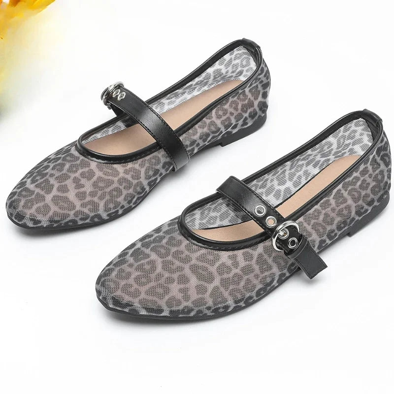 LIZAKOSHT  -  Leopard Mesh Round Toe Flat Ballet Shoes Brand Designer Sandals Women Breathable Soft Sole Comfy Fashion Mary Jane Shoes Female
