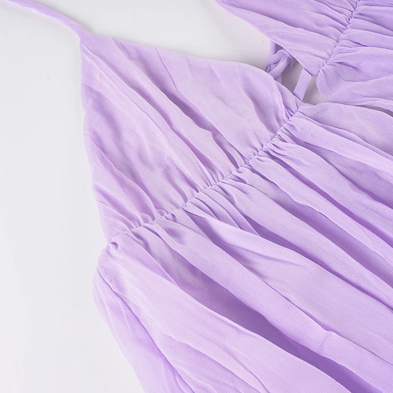 LIZAKOSHT  -  Purple Chiffon Backless Sleeveless Sundress Elegant  Sexy Deep V Neck A-line Mini Dress Summer Beach Vacation Outfits