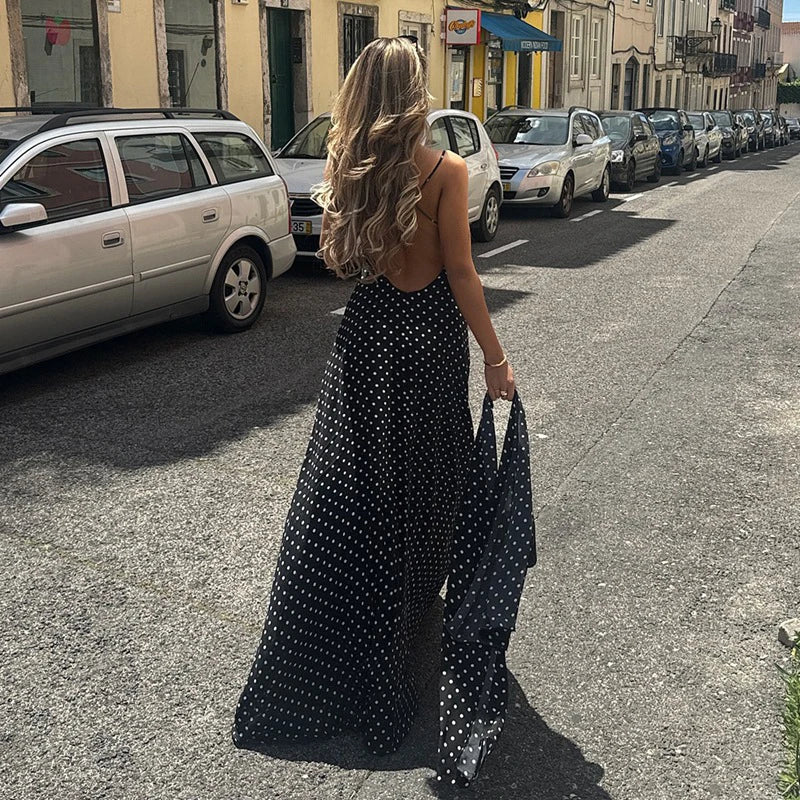 LIZAKOSHT  -  Temperament Vintage Polka Dot Print V-neck Open Back Sleeveless Long Dress With Ribbon Women's Vacation Party Vestidos