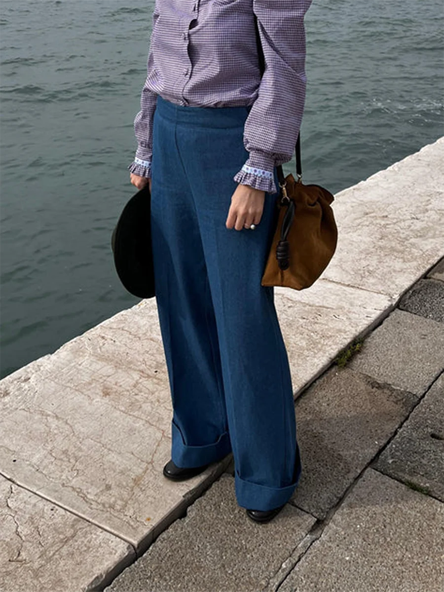 LIZAKOSHT  -  Women's Striped Print Loose Wide Leg Trousers Summer Fall Casual High Waist Loose Fit Long Pants with Pockets