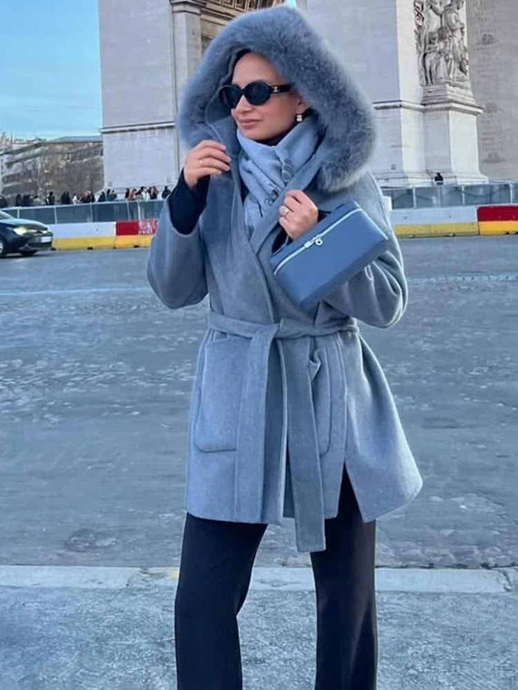 LIZAKOSHT  -  Elegant Lace Up Fur Patchwork Coat Women Loose Solid Long Sleeve V-neck Open Stitch Coats Female Autumn Fashion Jacket