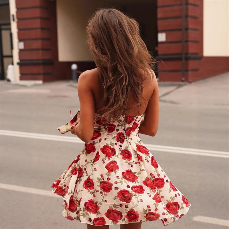 LIZAKOSHT  -  Sexy Sweet Rose Printed Halter V Neck High Waisted Sleeveless Backless A-line Short Dresses Chic Vintage Holiday Streetwear