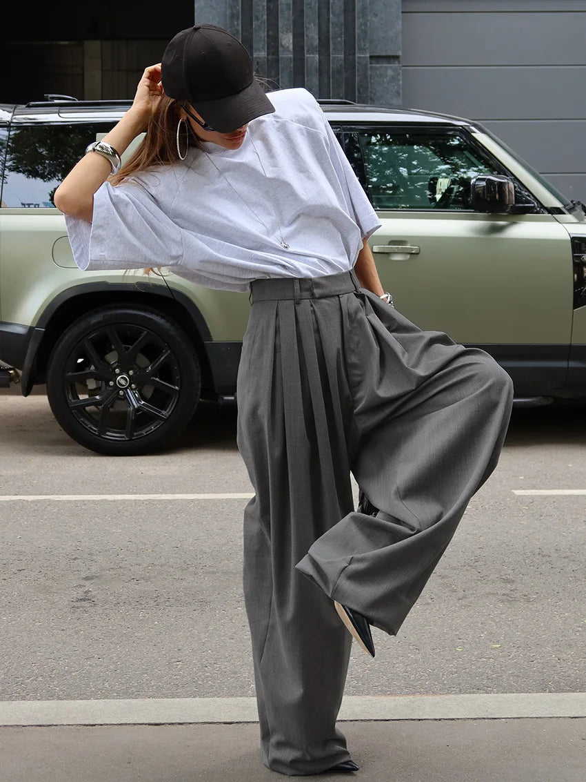 LIZAKOSHT  -  French Commuter Pleated Gray Suit Pants Women 2026 Autumn Street Wear Fashion Casual Loose Versatile Wide-leg Trousers