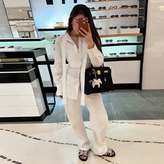 LIZAKOSHT  -  Casual Women's Lace Up Shirts Long Sleeve Solid Waist-Closed Button Lady Blouse 2025 Fall Fashion Female Streetwear New