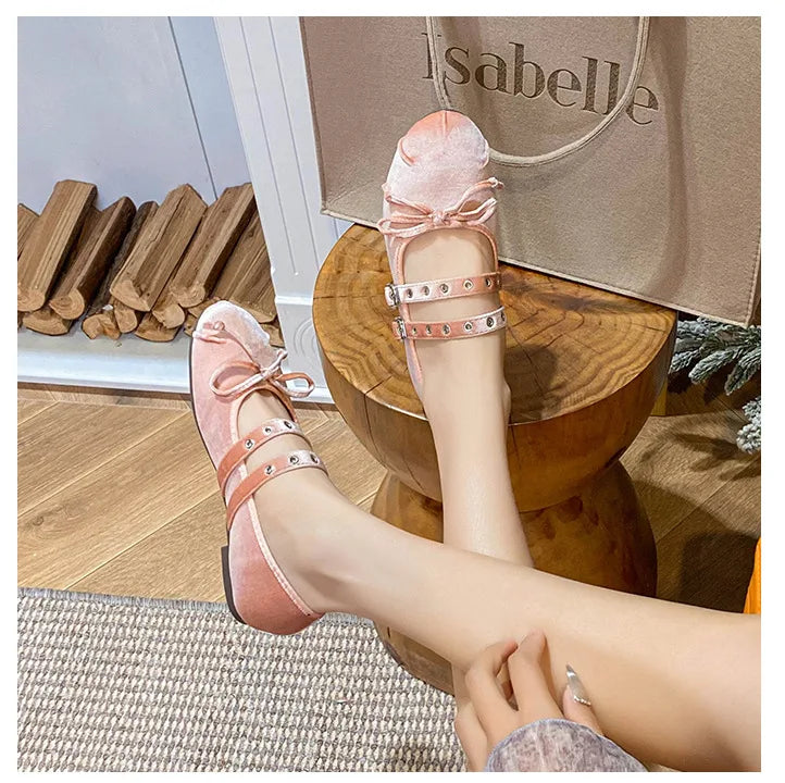 LIZAKOSHT  -  round toe pink velvet flats shoes for woman double band bowtie ballerina shoes rivets button mocasines lolita big shoes size 43