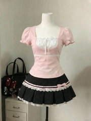 LIZAKOSHT  -  Y2k Harajuku Vintage Sweet Slim 2 Piece Skirt Sets Kawaii Short Sleeve Tops + Bow Patchwork Cake Mini Skirts 2000s Lolita Suits
