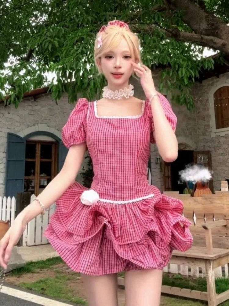 LIZAKOSHT  -  New Sweet Vintage Elegant 2 Piece Set Women Chic Puffy Sleeve Slim Dress + High Waist Pants Japanese Fashion Casual Chic Outfits