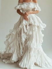 LIZAKOSHT  -  Chic Off Shoudler Sleeveless Lace Tiered A-Line Bride Wedding Dresses Bridal Gowns Customized