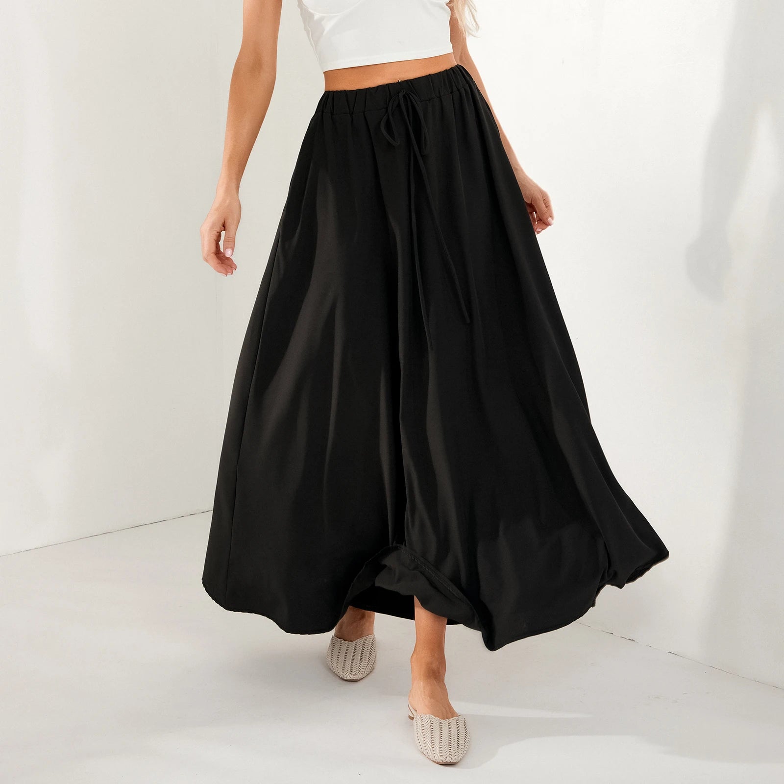 LIZAKOSHT  -  Women Summer Floral Print Swing Long Skirts Casual Elastic Waist Drawstring Flared A-Line Skirt