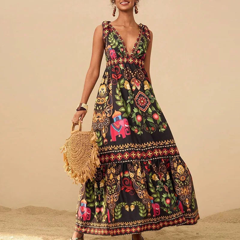 LIZAKOSHT  -  Women Fashion Print Loose Holiday Beach Dress Spring Double V Neck Backless Long Dress Summer Tie-up Sling Boho Maxi Dress Mujer