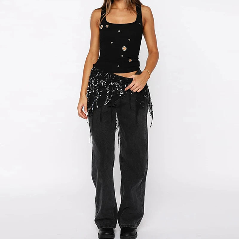LIZAKOSHT  -  Trend Black Sexy Metal Eyelet Skinny U Collar Sleeveless Strap Short Vest Tank Tops Hottie Y2K Casual Rave Party Streetwear