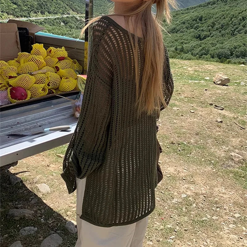 LIZAKOSHT  -  Outer Cover for Women 2024 Spring Summer Thin Long Lazy Air Conditioning Sweater Premium Top Long Sleeve Hollow Knitted Sweater