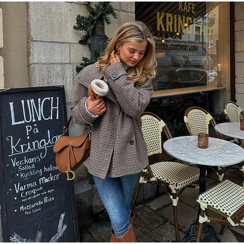 LIZAKOSHT  -  Vintage Women Stand Collar Plaid Coat Long Sleeve Double Button Pockets Thick Cropped Jacket 2025 Autumn Winter Lady Outwear