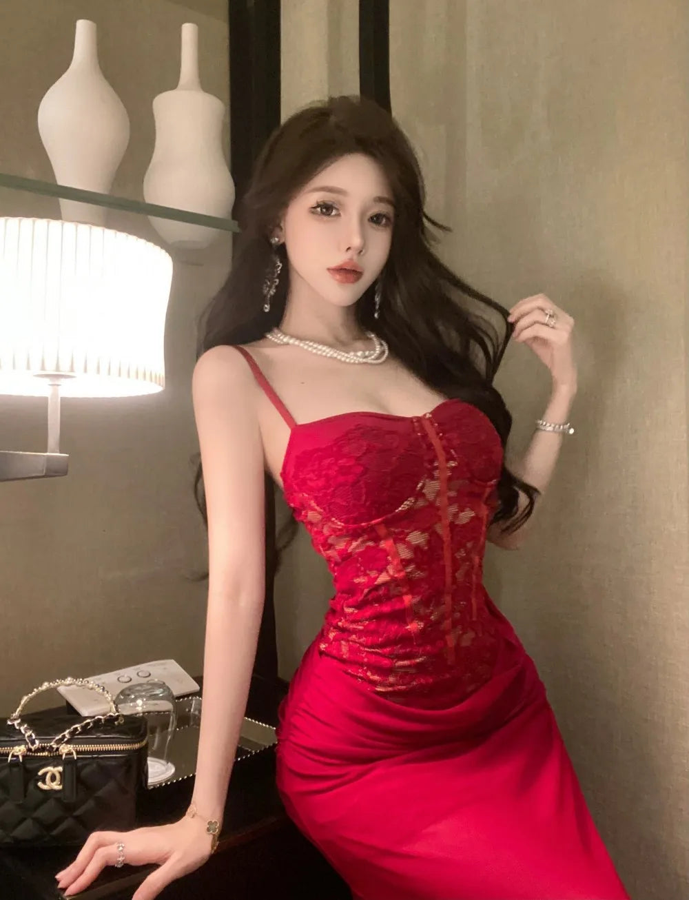 LIZAKOSHT  -  Women's Pure Desire Wind Red Lace Waist Dress Dress