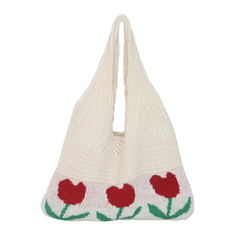 LIZAKOSHT  -  Floral Knitted Hollow out Yarn Single Shoulder Bag Vintage Style round Cylinder Soft Polyester Fiber Beach Travel Handbag