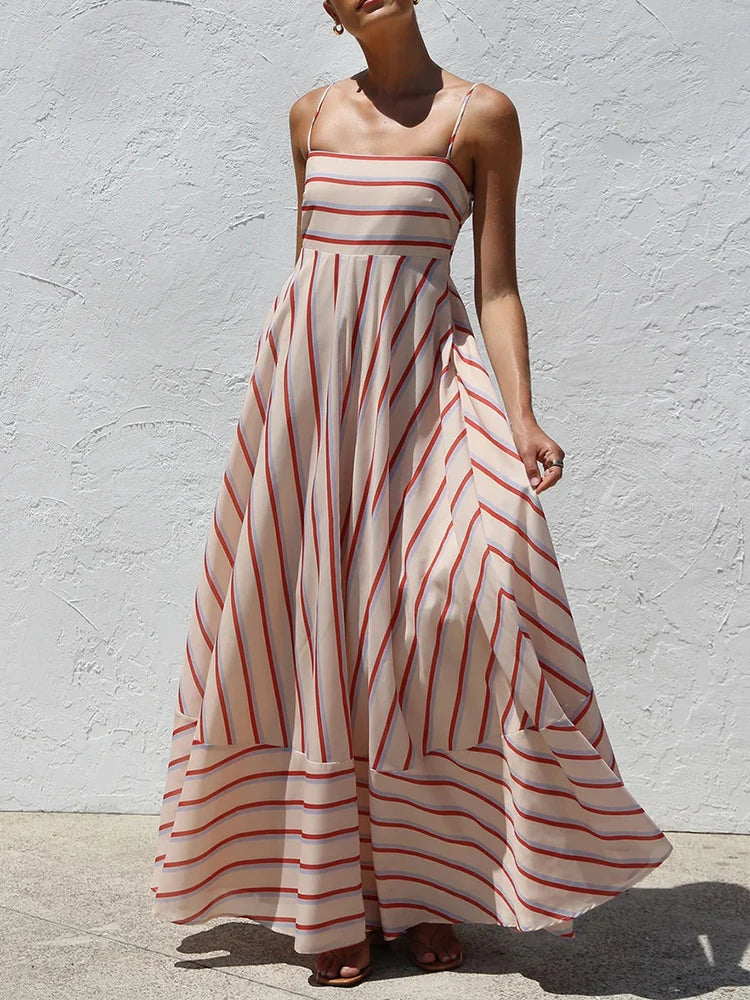 LIZAKOSHT  -  Elegant Sleeveless Off Shoulder Pleat Party Dress Summer New Lady High Waist Swing Maxi Dress Casual Stripe Printed Halter Dress