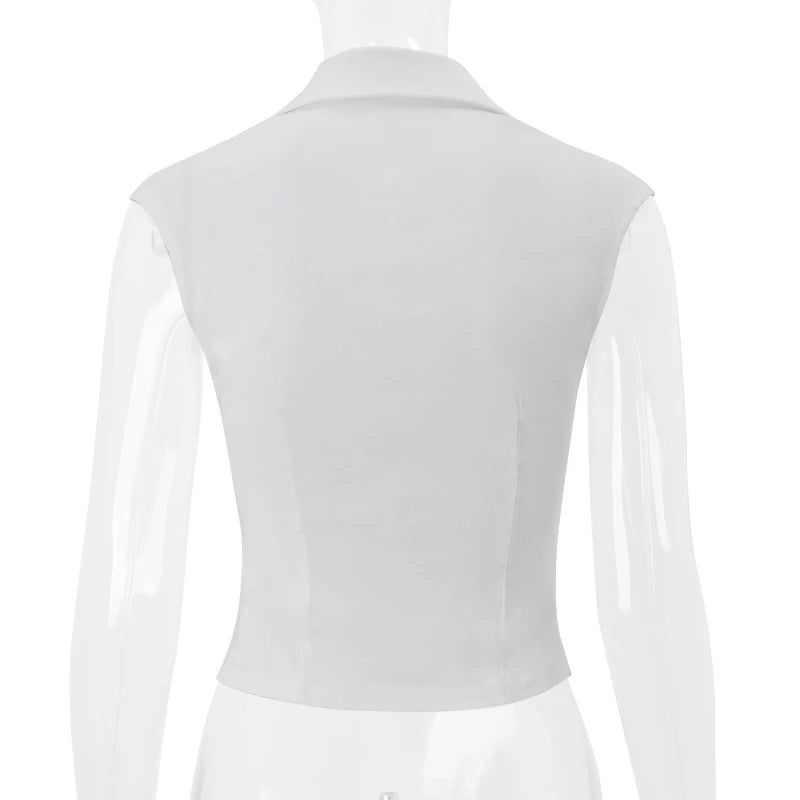 LIZAKOSHT  -  Vintage Sexy Polo Neck Twisted Ruched White Tees Casual Slim Fit Low-cut Neck Solid Cropped Tops Trend All-match Streetwear