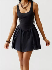 LIZAKOSHT  -  Women Dress Sleeveless Round Neck Backless Solid A-line Dress Summer Party High Waist Streetwear Female Vestidos