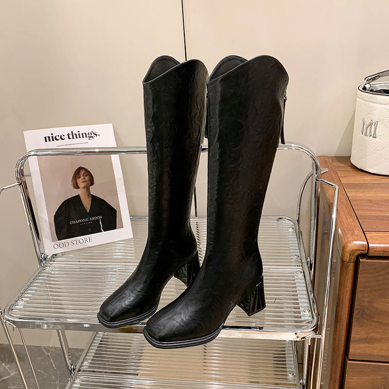 LIZAKOSHT  -  Autumn Winter Thick High Heels Women Knee High Boots Fashion Stretch Slim Modern Long Botas Para Mujer