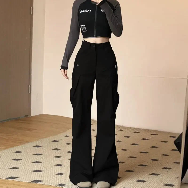 LIZAKOSHT  -  Korean Cargo Pants For Women High Waist Pockets Casual Fashion Trousers New Bottoms High Waist Black Vintage Pantalon Femme