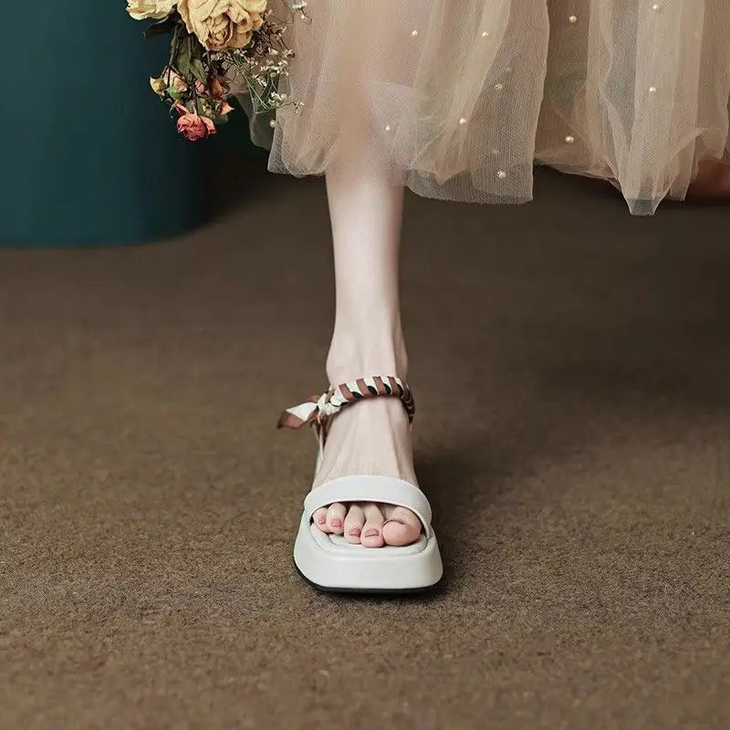 LIZAKOSHT  -  Footwear Wedge Platform Waterproof Summer One Word Sandals for Women Beige Ladies Shoes Office Work with Medium Heels Sale
