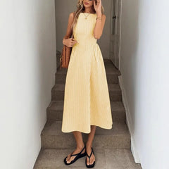 LIZAKOSHT  -  Women's Sleeveless Vertical Striped Midi Dress Elegant High Waist A-Line Vacation Dress