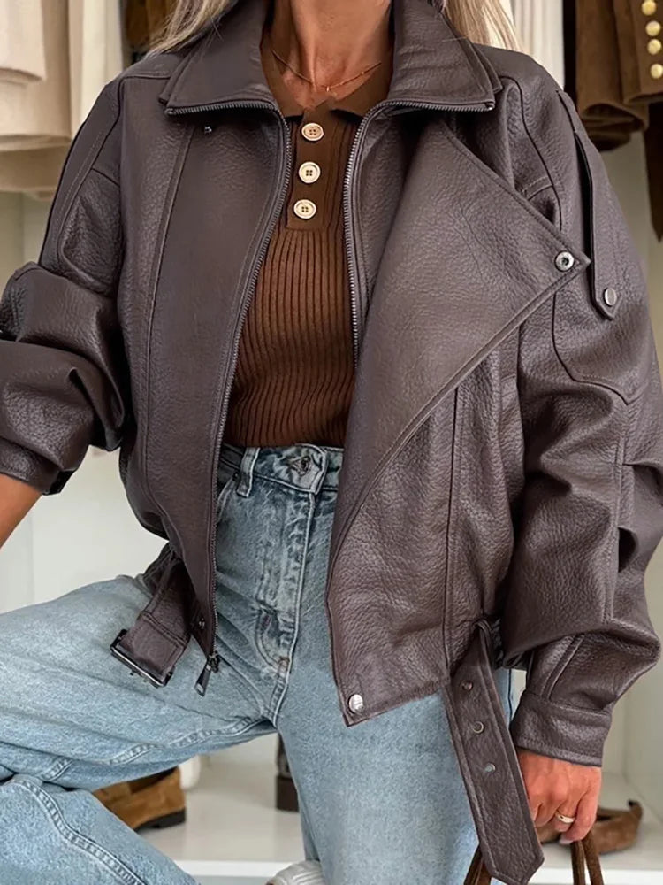 LIZAKOSHT  -  Casual Long Sleeve Solid Street Jacket Women's Elegant Lapel Zipper Loose Short Coats Autumn Winter Fashion PU Leather Outerwear
