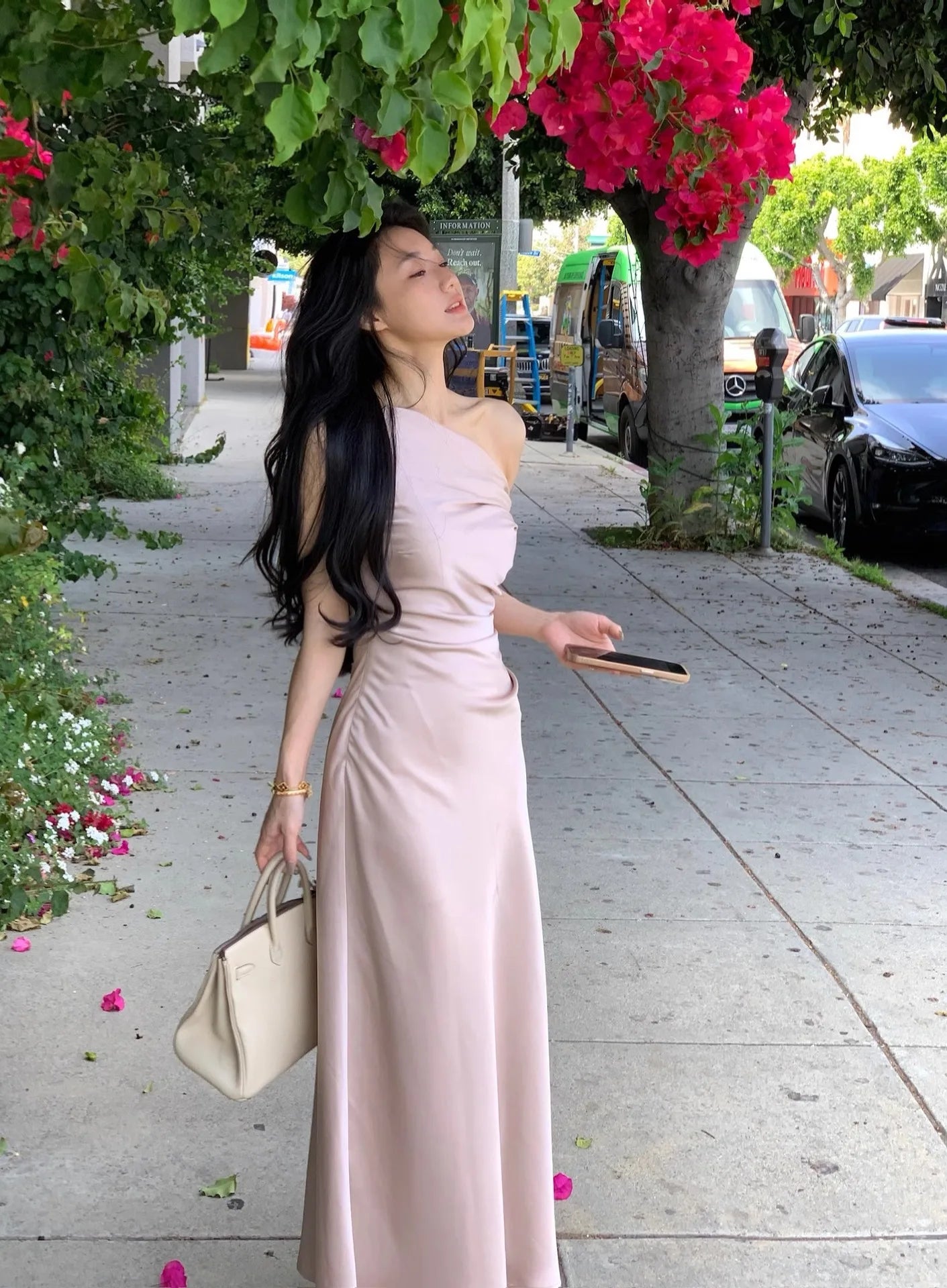 LIZAKOSHT  -  French Temperament Satin Dress New Summer Oblique Shoulder Sling Collar Fishtail Skirt for Women
