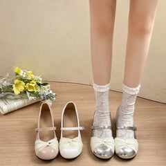 LIZAKOSHT  -  Women Mary Jane Shoes  Spring New Sweet Bow Thick Heels Shoes Ladies Silver Leather Pumps Female Casual Dress Party Shoes