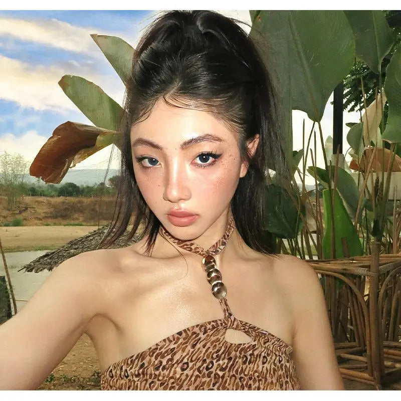 LIZAKOSHT  -  Chic American Outdoor Vintage Halter Sleeveless Tank Tops Y2k Aesthetic Harajuku Leopard Print Sexy Camisole Summer Punk Tops