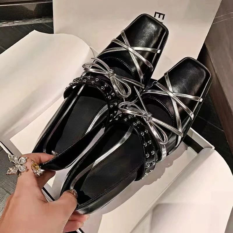 LIZAKOSHT  -  Rivet Platform Mary Jane Shoes Square Toe Pumps Women Winter 2024 New Cross Strap Bow Fashion Chunky Luxury Designer Shoes Women
