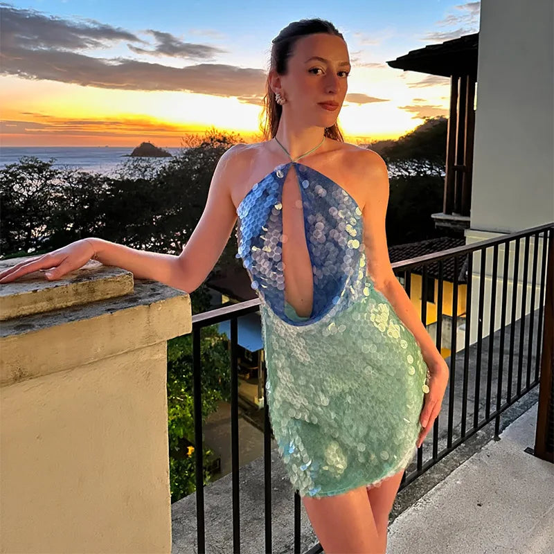 LIZAKOSHT  -  Sequins Contrast Color Halter Mini Dress Women Hollow Out Backless Off Shoulder Party Dresses 2025 Summer Street Glitter Robe