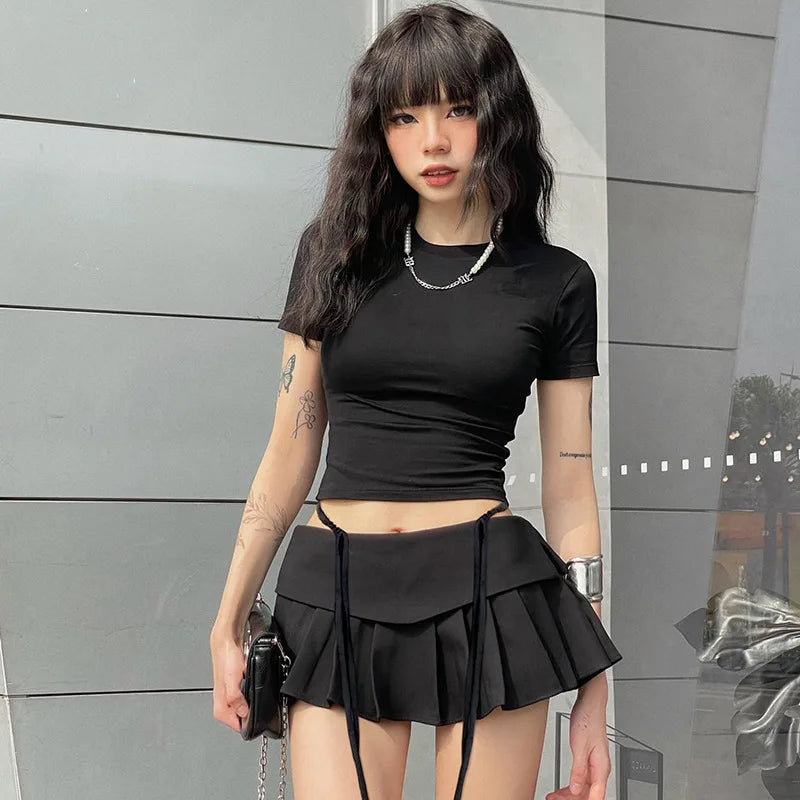 LIZAKOSHT  -  Solid Sweet Hollow Out Women Skirts Y2k Aesthetic A-line Pleated Mini Skirt High Waist Slim Streetwear Grunge Faldas Harajuku