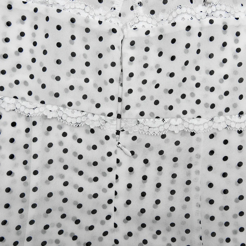 LIZAKOSHT  -  Elegant Lace Patchwork Chiffon Polka Dot Dress White Black Summer Women Spaghetti Strap Zipper Evening Party Dresses