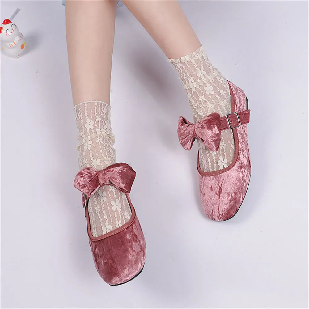 LIZAKOSHT  -  Size 42 flannel Sweet Lolita Mary Janes Shoes Comfy Sole Big Bow Tie Pink Flats Shoes Women