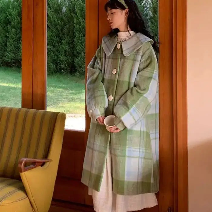 LIZAKOSHT  -  Woolen Coat Loose Fit Plaid Green Button Design Doll Collar Big Size Long New Long Sleeve Women Fashion Tide Autumn Winter