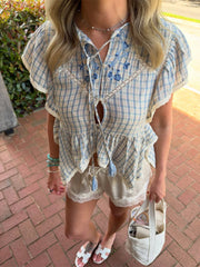 LIZAKOSHT  -  Embroidered Plaid Ruffle  Top Round Neck Uneven Flounce Hem Spring Summer Picnic  Lady Women Cottage Vintage Sweet  Outfit