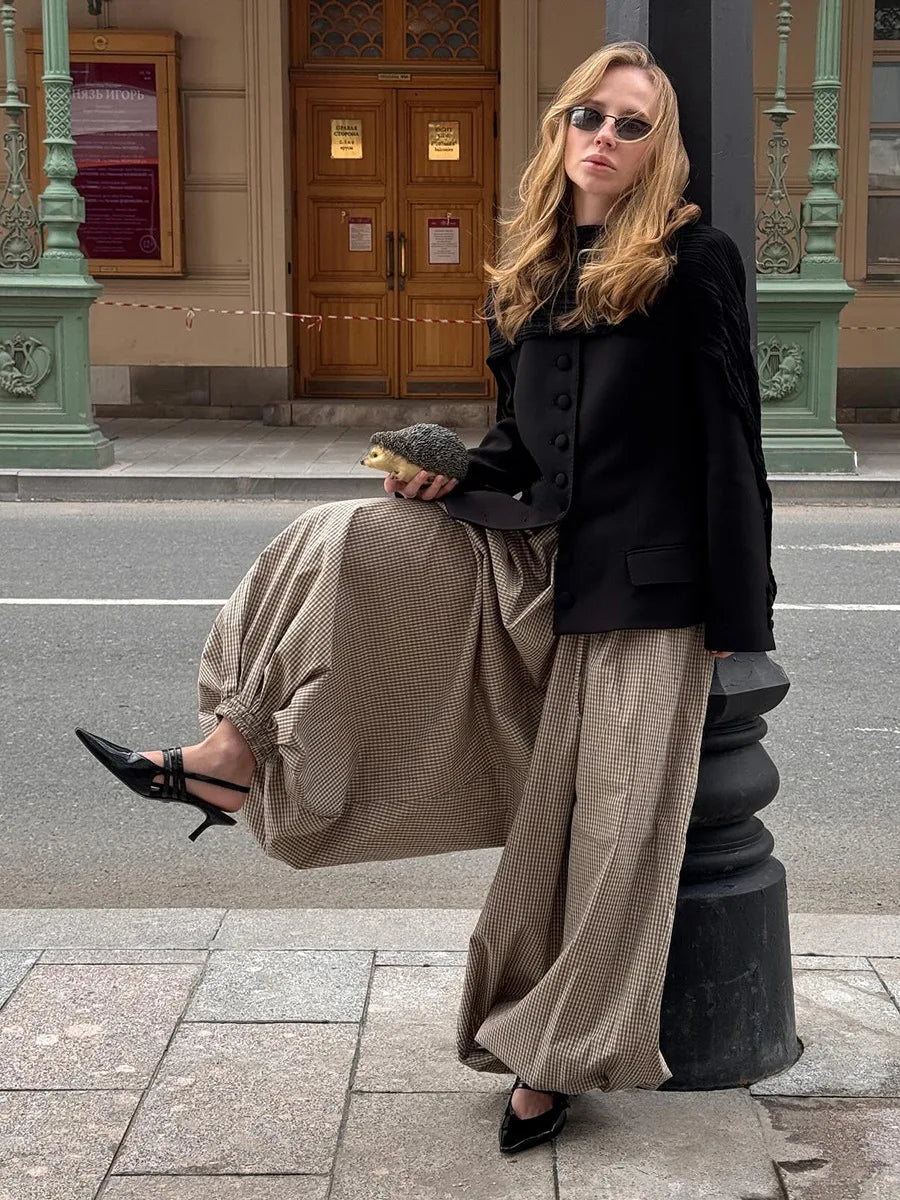 LIZAKOSHT  -  Women's New Retro Brown Lantern Pants High Waist Trendy Loose Fit Plaid Spring Summer Fashion Trousers