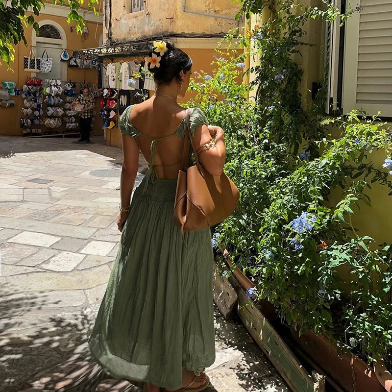 LIZAKOSHT  -  Summer Square Neck Short Sleeved Women's Party Dress Casual Beach Long Dresses Sexy Backless Lace Up Pleated Holiday Dress
