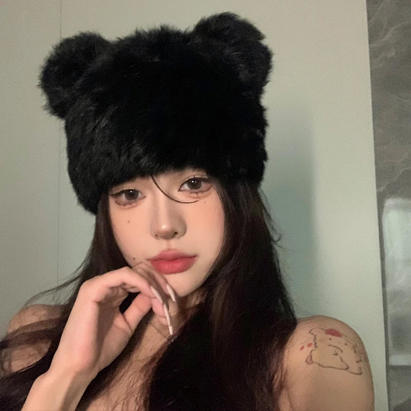 Lizakosht Korean Black Bear Ears Rabbit Fur Hat Cute Plush Wrap Head Cap Cold Warm Fur Caps
