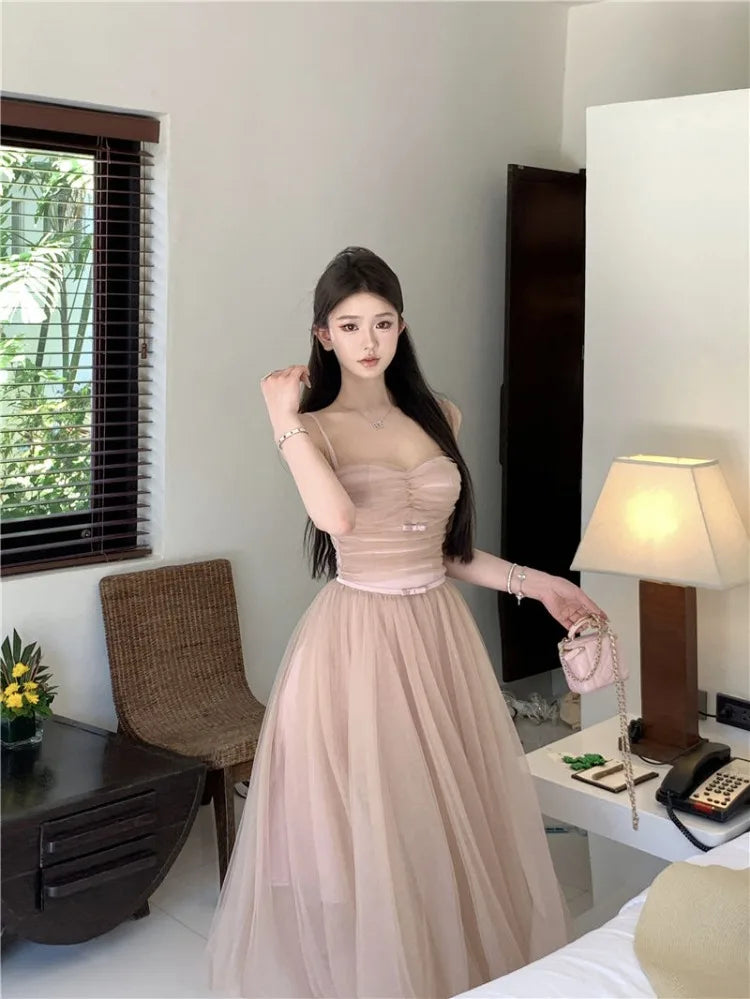 LIZAKOSHT  -  Woman Dress Bow Sleeveless Slash Neck Mesh Patchwork Princess Sweet Elegant Summer Fashion Party Dresses Female