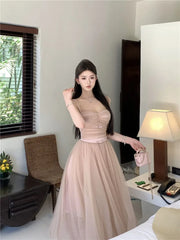LIZAKOSHT  -  Woman Dress Bow Sleeveless Slash Neck Mesh Patchwork Princess Sweet Elegant Summer Fashion Party Dresses Female